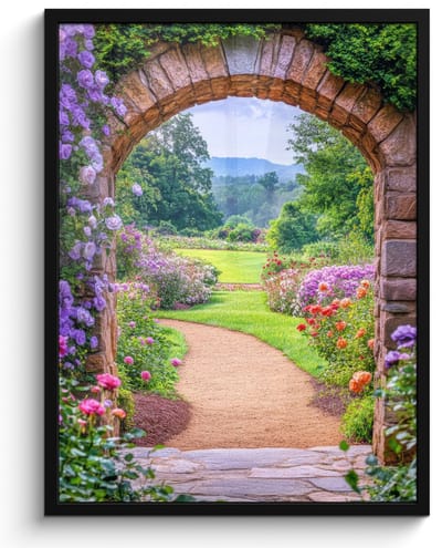 Poster in lijst - Fotolijst 50x70 cm - Posters - Doorkijk - Poort - Bloemen - Tuin - Posterlijst zwart - Decoratie - Wanddecoratie woonkamer - Muurdecoratie slaapkamer