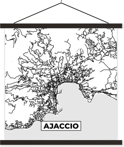 Posterhanger incl. Poster 60x60 cm - Schoolplaat - Frankrijk - Plattegrond - Ajaccio - Stadskaart - Kaart - Zwart wit - Textielposter - Zwarte latten - Stadskaart