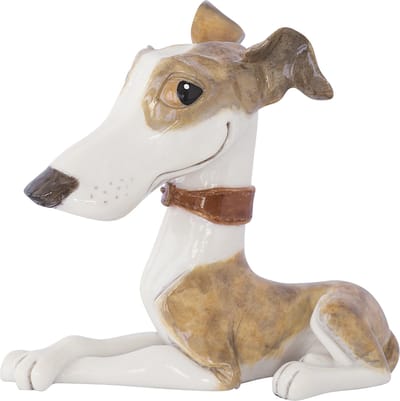 MadDeco - ludiek beeldje Whippet pup - grijs beige wit - polystone - 13 cm hoog - onze kleine vriendjes
