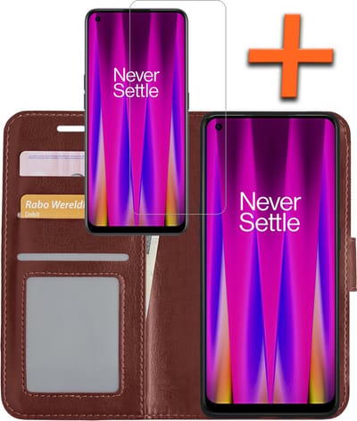 Hoes - Met Screenprotector - Geschikt voor OnePlus Nord CE 2 - Luxe Pasjeshouder - Bookcase Portemonee - Flip Case - Kunstleer Book Case - Flipcase - Book Cover - Walletcase - PortemonneeHoes - Bruin