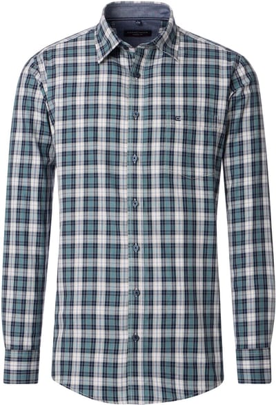 CASA MODA Sport casual fit overhemd - twill - groen met blauw - beige en wit geruit - Strijkvriendelijk - Boordmaat: 41 - 42