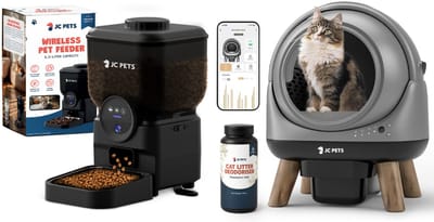 JC Pets Zelfreinigende Automatische Kattenbak met Automatisch Voederbak - Slimme Elektrische Kattenbak XXL 65L – Incl. Uitloopmat & Geurverdrijver - Veiligheidssensoren - Voerbak kat dispenser 6,5L met Camera - Geschikt voor Meerdere Katten - Met app