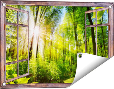 Gards Tuinposter Doorkijk Weg Omringd met Bomen in het Bos - 60x40 cm - Tuindoek - Tuindecoratie - Wanddecoratie buiten - Tuinschilderij