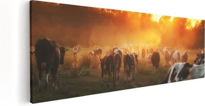 Artaza Canvas Schilderij Koeien Zonsondergang - 60x20 cm - Muurdecoratie Boerderij Dieren - Wanddecoratie Natuur - Kamer Accessoires Woonkamer