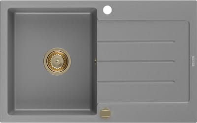 Mexen Bruno granieten gootsteen 1-kamer met afdruiprek 795 x 495 , grijs, gouden sifon - 6513791010-71-G