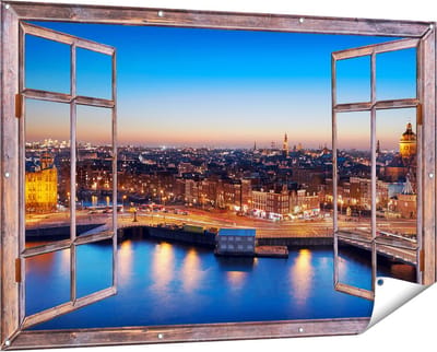 Gards Tuinposter Doorkijk Amsterdam Centrum in de Nacht - 150x100 cm - Tuindoek - Tuindecoratie - Wanddecoratie buiten - Tuinschilderij