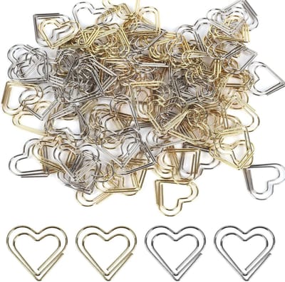 Dailygoods - 100 stuks KTPCN hartvormige gouden en zilveren paperclips, metalen paperclips met motief, kleine paperclips papierklemmen voor aktenklem, klaslokaal, kantoor, papier