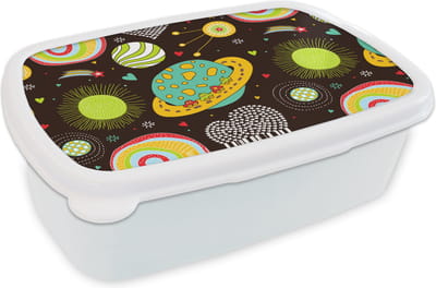 Broodtrommel Wit - Lunchbox - Brooddoos - Patronen - Ruimte - Planeten - Jongens - Kinderen - Kids - 18x12x6 cm - Volwassenen