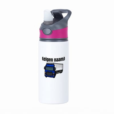 Hacebo® - blauwe vrachtwagen met eigen naam waterfles met rietje roze - Vrachtwagen chauffeur - vrachtauto chauffeurs - iemand die houdt van vrachtwagens - verjaardag - cadeau - kado - geschenk - water fles - 650ML