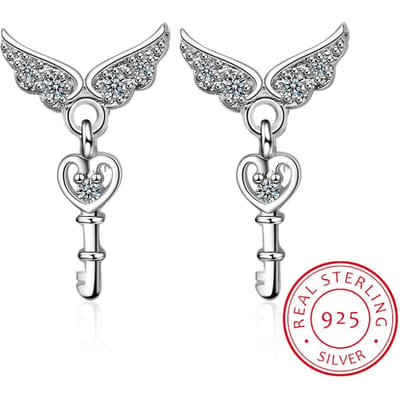 Boucles d'oreilles clous Ailes d'ange en argent sterling 925 avec cœur en CZ pour femmes filles bijoux Orecchini Aros Aretes Oorbellen gray