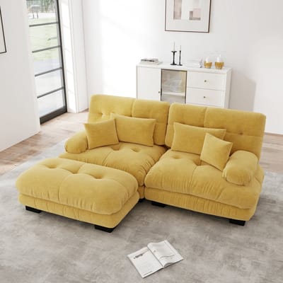 Sweiko 2-zitsbank - Chenille - Modulaire bank - 4 kussens - Met voetenbankje - Geel
