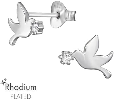 Joy|S - Zilveren vogel oorbellen - 6 x 10 mm - zirkonia - oorknoppen duif - rhodium / gehodineerd