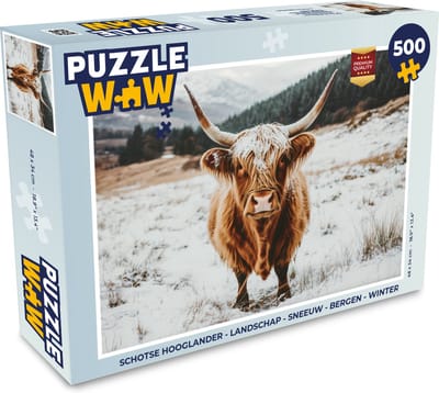 Puzzel Schotse Hooglander - Landschap - Sneeuw - Bergen - Winter - Legpuzzel - Puzzel 500 stukjes