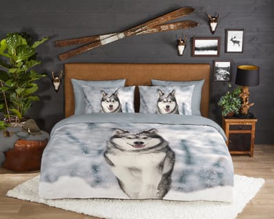 Good Morning dekbedovertrek husky hond - 1 persoons 140x200/220 cm - Grijs - 100% Katoen flanel