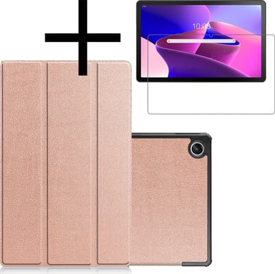 Hoes - Geschikt voor Lenovo Tab M10 Plus (3e / 3rd Generatie) - Met Screenprotector - Trifold Bookcase - Hard Cover - Hardcover Book Case - Tablet Hoesje - Rosé goud