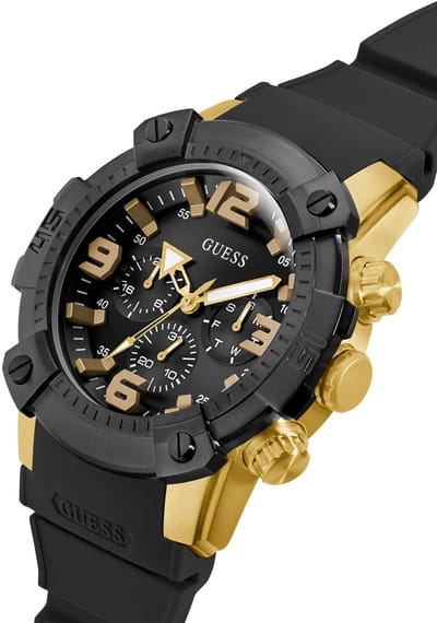 Guess Linebacker Multifunctioneel Horloge Zwart Kast Gemaakt Van 100% Roestvrij Staal En Een Armband Van 100% Siliconen 52 GW0911G3