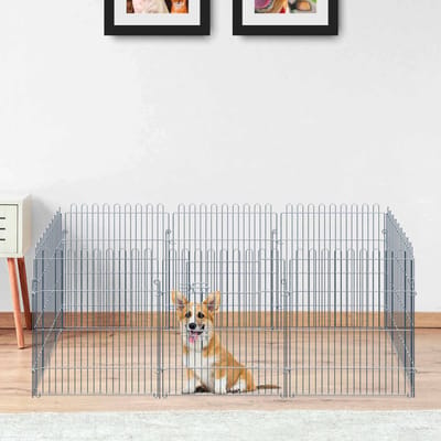 MIVRAY Puppyren - 8-Delig Met Deurtje En Grondankers - 63 x 76 cm - Staal - Zilverkleurig - Voor Puppy's Binnen En Buiten