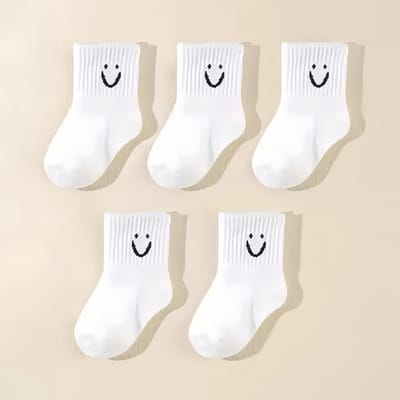 5 Paar Babysokken Katoen Peuter Zacht Comfortabel Ademend Alle Seizoenen Cartoon Lachend Patroon Kinderen Schoenen Voor 0-5 jaar S (0-1Y) white