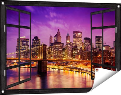 Gards Tuinposter Doorkijk Skyline New York van Centrum in het Paars - 90x60 cm - Tuindoek - Tuindecoratie - Wanddecoratie buiten - Tuinschilderij