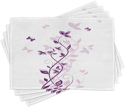 ABAKUHAUS Lila placemats, violetbloemen, wasbare stoffen placemats, eetkamer- en keukentafeldecoratie in digitale druk, pruim-wit