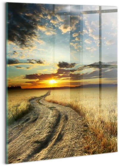 Wallfluent Glasschilderij - Onverharde weg en zonsondergang Foto Schilderij Op Glas - 60x80 cm - Bruin Verticale Muurschildering - Landschap Glas Schilderij - Schilderij Glas - Schilderij Op Glas