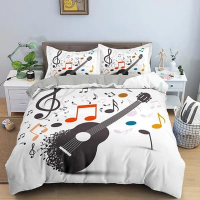 Ensemble de literie imprimé 3D Housse de couette Guitare Pour Bébé Enfants Enfants Avec Taie d'oreiller Housse de couette Note de musique Housse de couette en polyester EU single(135x200cm)