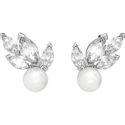 Swarovski Louison Parel Bladvormige Zirkonia Rhodium Plated Imitatie Kristal Imitatie Parel Oorbellen Dames oorbellen Zilver 5627346 Shopping Bag white