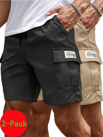 Livano Korte Broek Heren - Cargobroek - Spijkerbroek - met Zakken - Volwassenen - Jongens - Shorts - 2 Pcs - Zwart + Khaki - Maat S
