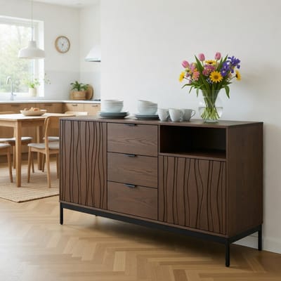 KOMHTOM - Dressoir - Donker eiken met nerf - 3 lades - Mid Century Modern decoratieve kast - Voor keuken, woonkamer, hal, gang - Lengte: 150 cm
