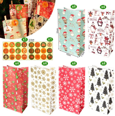 Kerstinpakpapier - 24 stuks - Kerstcadeauzakken, kerststickers, adventskalenders, papieren zakken en inpakzakken - Kerstcadeauzakken - Kerst snoepzakken
