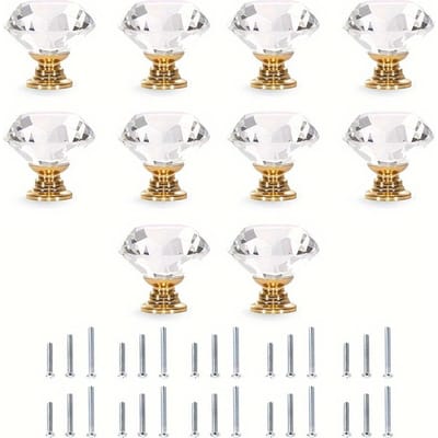 5/10 stuks 30MM kristalheldere glazen ladekastknoppen, goudkleurige imitatiediamant ladeknoppen (Enkel gat met drie schroeven van verschillende grootte) 10pcs