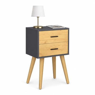 VCM Nachttisch mit 2 Schubladen, 45 x 30 x 70 cm, Beistelltisch im Retro-Design mit Holzfüßen - Singol XXL