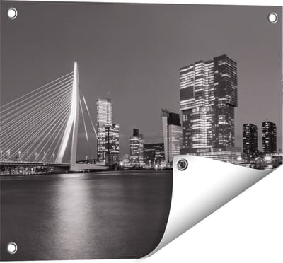 Gards Tuinposter Rotterdamse Skyline - Zwart Wit - 50x40 cm - Tuindoek - Tuindecoratie - Wanddecoratie buiten - Tuinschilderij
