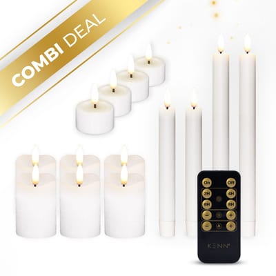 KENN® LED Kaarsen Set – Complete Kaarsenbundel – Wit – Set van 14 – Echte Wax – Met Afstandsbediening & Timer – Tot 300 Branduren – Realistisch Vlameffect – LED Kaarsen op Batterijen – LED Dinerkaarsen – LED Stompkaarsen – LED Waxinelichtjes