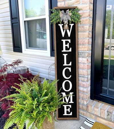 Houten Welkom Plaquette - Rustiek Decor Bord - Veranda Tuin Decoratie - Verticaal Hangend Ontwerp - 48x10 Inch - Hout Zwart