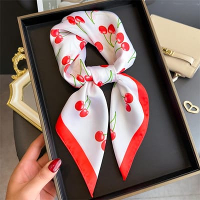 Vierkige Satijnen Sjaal Dames Schattig Fruit Kers Patroon Sjaals En Wraps Mode Kleine Tas Sjaaltjes Haarband Bandana's 70x70cm white