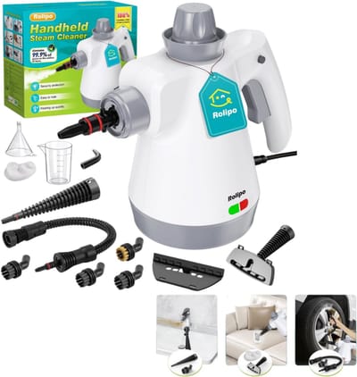 Rolipo Handstoomreiniger 1050W - 3,5 Bar stoomdruk - 135°C stoom - 440 ml watertank - 12 accessoires - Voor keuken, badkamer, auto en bekleding - Met veiligheidsslot - Wit