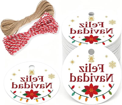 Vrolijke Kerstfeest Etiketten - Set van 100 stuks - Spaans - Wit - 5,5 cm - Kerstcadeaus - Geschenkverpakking - Kerstboom - Doe-het-zelf - Winterdecoratie