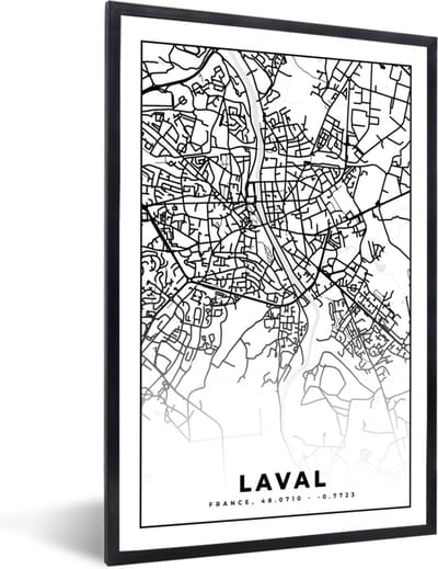 Fotolijst incl. Poster Zwart Wit- Kaart - Plattegrond - Laval - Frankrijk - Stadskaart - Zwart wit - 40x60 cm - Posterlijst