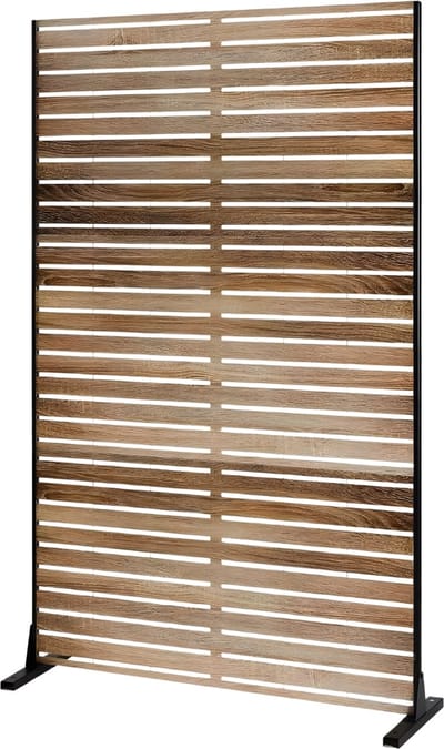 Metalen Privacyscherm 183 cm - Voor Balkon, Terras & Binnen - Vrijstaand Decoratief Tuinscherm / Kamerdeler met Standaard - Bruin Wood Slat