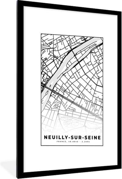 Fotolijst incl. Poster Zwart Wit- Kaart - Plattegrond - Frankrijk - Stadskaart - Neuilly-sur-Seine - Zwart wit - 60x90 cm - Posterlijst