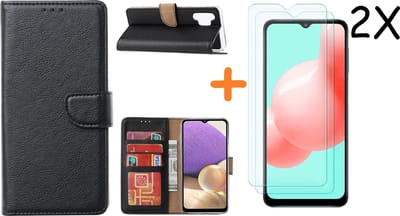 Hoesje Geschikt Voor Samsung Galaxy A32 hoesje bookcase Zwart Met screenprotector / 2X tempered glass