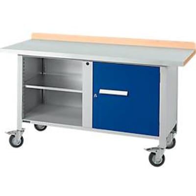 Verrijdbare werkbank Schäfer Shop Select PWi 150-1, beuken decor multiplex blad, met stalen afdekking, tot 400 kg, B 1500 x D 700 x H 840 mm