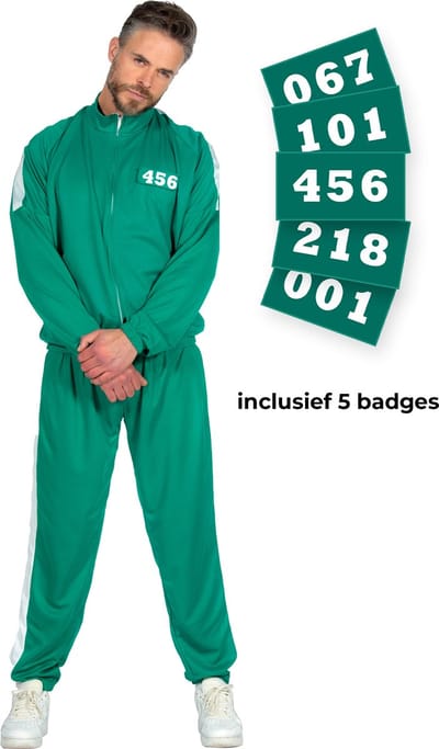 Koreaanse Gamer Deelnemer Retro Trainingspak Groen Met 5 Badges Volwassene Kostuum