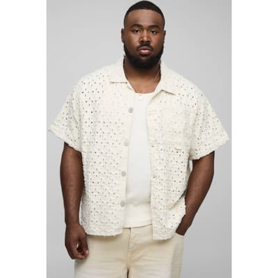 Plus Oversized Boxy Lasered Super Distressed Revere Shirt | Ecru | Size Medium