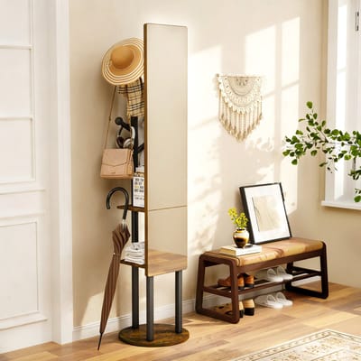 MIVRAY Staande Spiegelkapstok – 360° Draaibaar – Met Opbergruimte – 174 x 40 cm – Spaanplaat en Staal – Zwart en Bruin