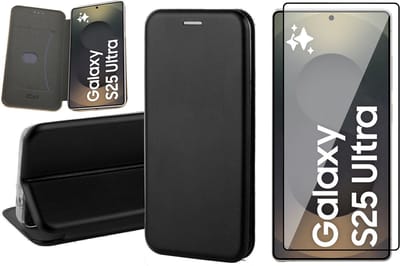 Hoesje geschikt voor Samsung Galaxy S25 Ultra - Screenprotector Glas - Wallet Book Case Zwart