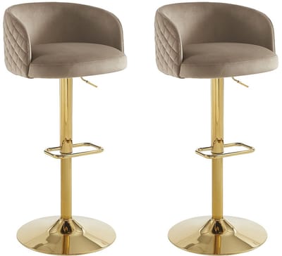 Vente-unique Set van 2 barkrukken in fluweel en goudkleurig metaal - Regelbare hoogte - Beige - PERLANITA
