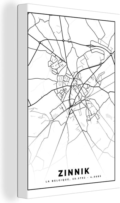 Canvas Schilderij Zwart Wit – België – Plattegrond – Stadskaart – Kaart – Zinnik - 40x60 cm - Wanddecoratie