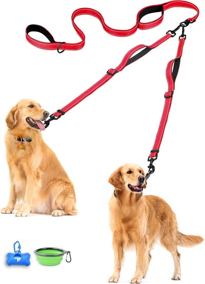 dubbele hondenriem, geen wirwar dubbele riem, reflecterende wandeltrainingslijn, 4 comfortabele gevoerde handgrepen voor 2 honden met inklapbare kom en afvalzakken